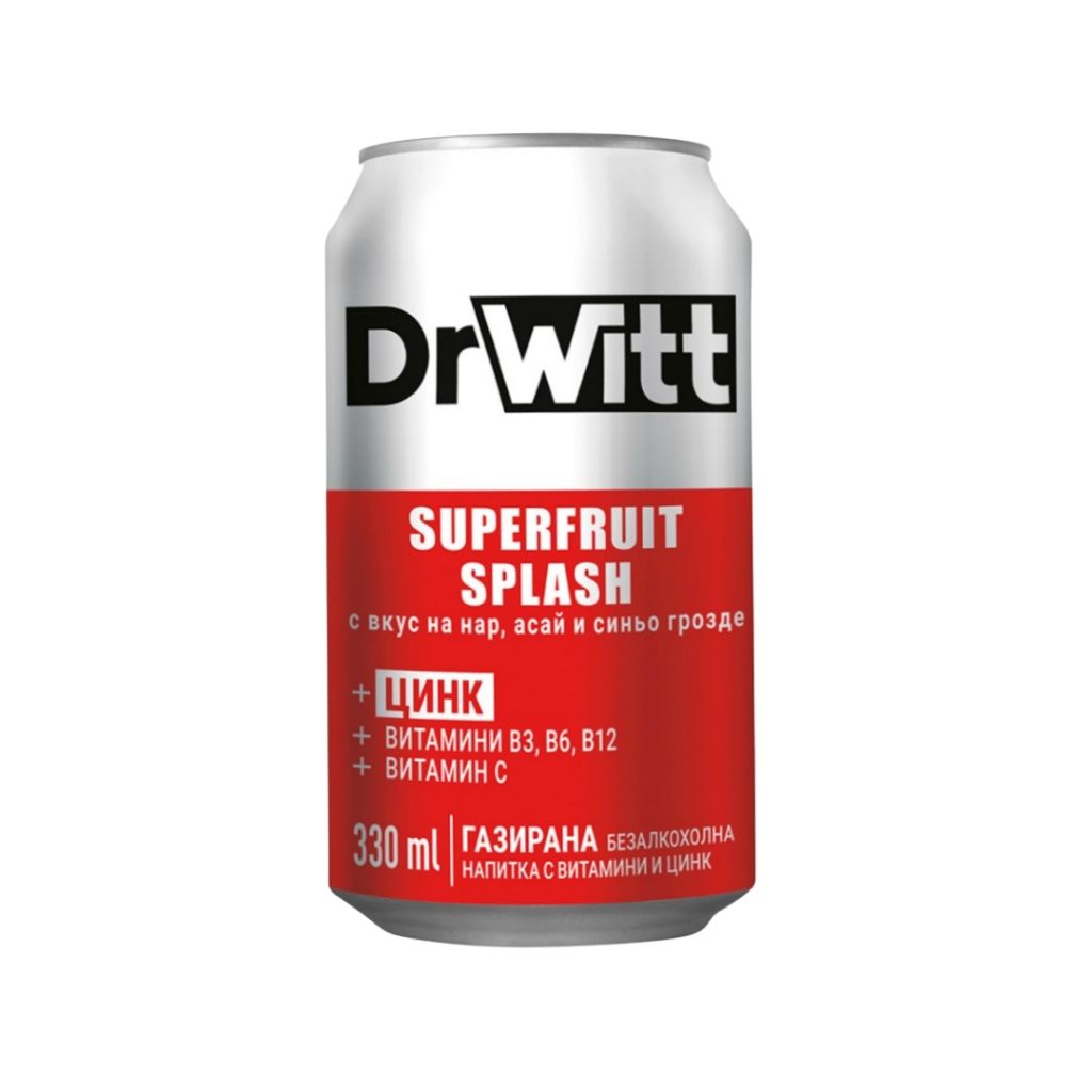 Газирана Напитка DrWitt Splash с Витамини и Вкус на Нар, Асай и Синьо Грозде 330 мл